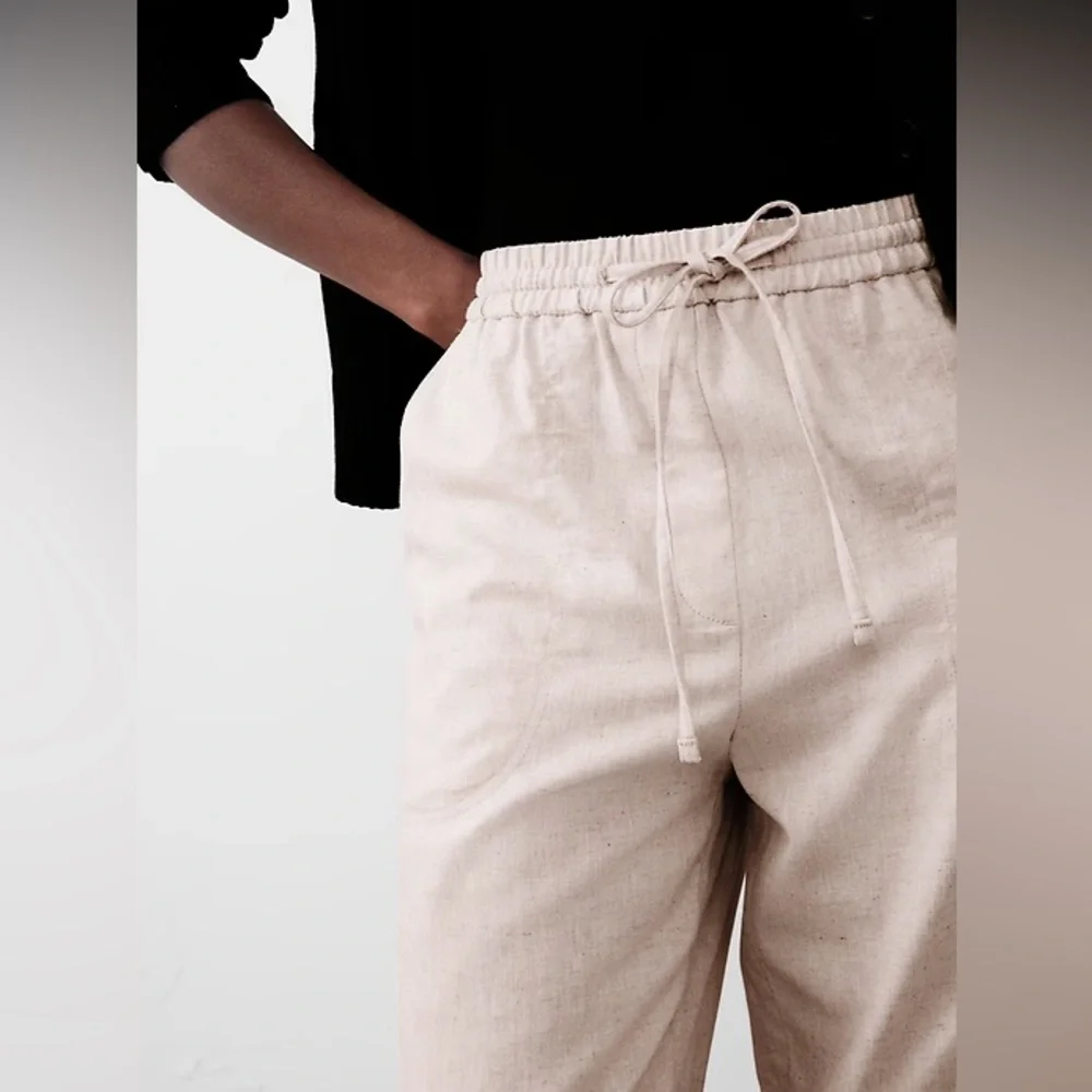 NWT Banana Republic Linen Blend Stripe Pants Large Coastal Drawstring Straight